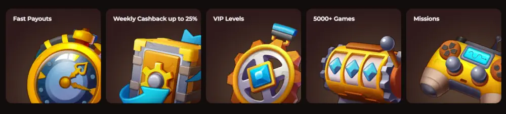 Points forts de la plateforme Vinci Spin, y compris des paiements rapides, un cashback hebdomadaire et des niveaux VIP.